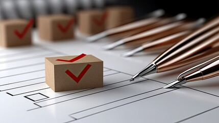 Detailed checklist displayed with red squares for question marking, accompanied by a pen for effective task management in work environment