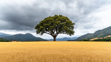 Fototapeta premium International Day of Forests. Single Oak Tree in Golden Wheat Field Under Dramatic Sky