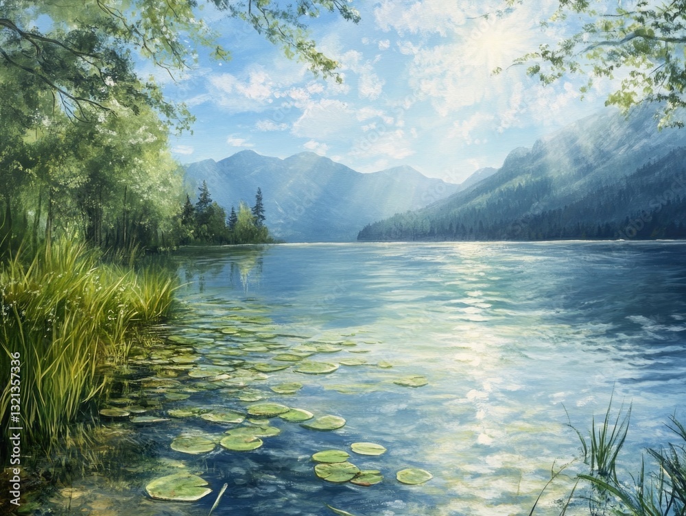 Poster a serene lake scene with lily pads floating on the water, suitable for nature-inspired designs and b