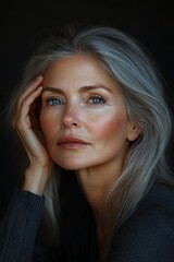 Fototapeta premium A woman with grey hair and blue eyes is wearing a black sweater