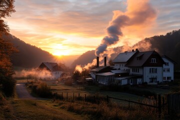 Natural beauty at dawn with smoke rising from rural buildings and trees in the background