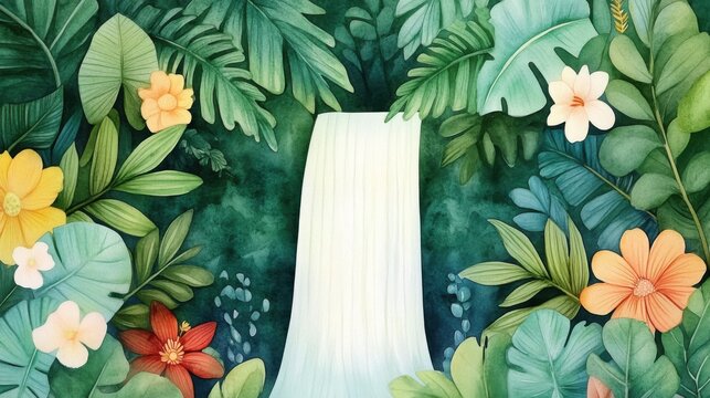 International Day of Forests. Watercolor Tropical Waterfall Scene with Lush Green Leaves and Colorful Flowers