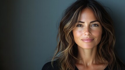 Naklejka premium A woman with brown hair and a tanish complexion is smiling at the camera