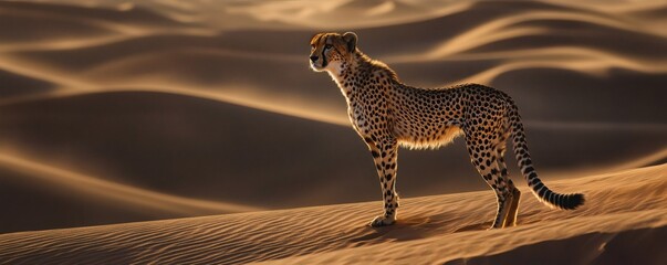 Obraz premium A Cheetah Standing Alertly on Sandy Desert Dunes in Sunlight