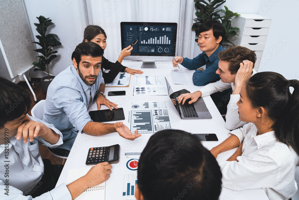 Leinwandbilder analyst team utilizing bi fintech to analyze financial data at table in meeting room. businesspeople