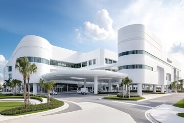 Modern architectural design of a sleek white building with palm trees