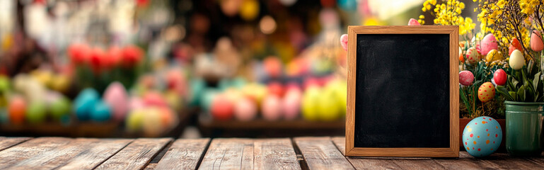 A blurred Easter market scene with colorful decorations in the background, foreground featuring a blank chalkboard sign for customizable text, hyper-realistic lighting