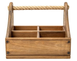 Wooden crate with rope handle on a transparent background