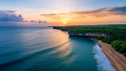 Spectacular sunset over a tranquil ocean coastline, perfect for summer travel, beach relaxation, and romantic getaways