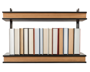 Wooden shelf with books displayed on a transparent background