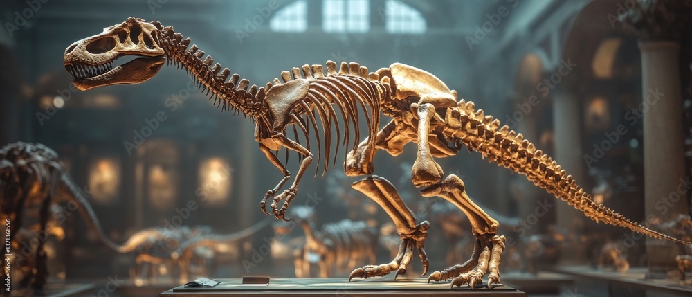 Poster a fossilized tyrannosaurus rex skeleton on display in a museum, offering an educational exhibit