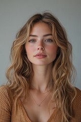 Fototapeta premium A woman with long brown hair and a necklace is smiling for the camera