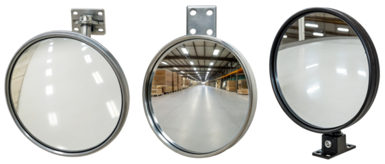 Three round convex security mirrors on a transparent background