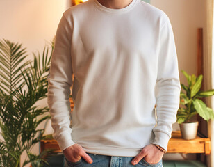 Men in White Sweatshirt Mockup with Cozy Home Background