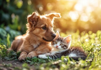 Adorable Puppy and Kitten Cuddling in Sunny Garden