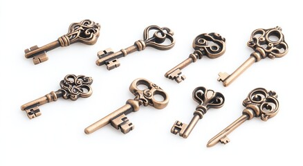 Eight antique skeleton keys on white background.