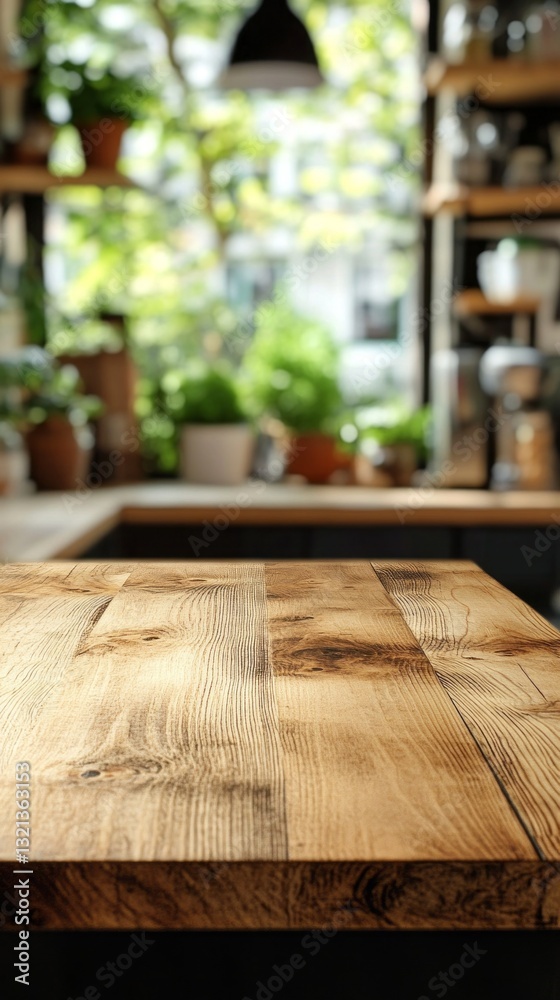 Poster sunlight streams through a kitchen window, casting gentle light on a rustic wooden tabletop. lush gr