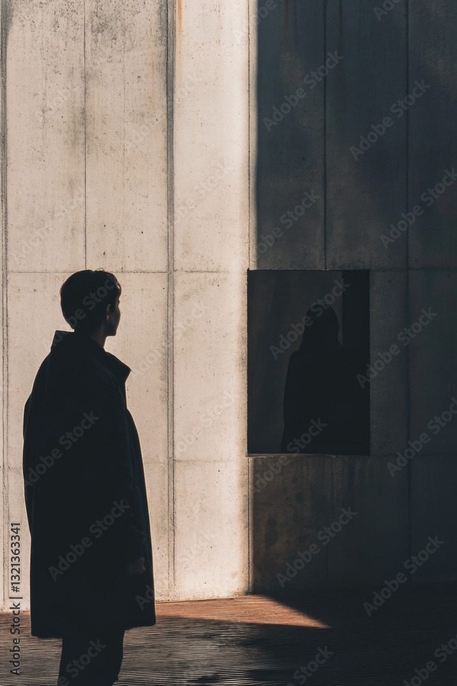 Poster a person stands in front of a mirror in a building, possibly for grooming or checking appearance