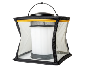 Portable mesh mosquito trap with top handle on a transparent background