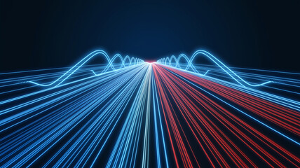 Abstract image of blue and red glowing lines converging at a vanishing point, creating a dynamic and futuristic effect, symbolizing speed, technology, or connection
