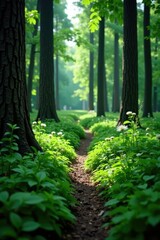 Fototapeta premium Fondo verde scuro con un pino alto e sottile bianco, woodlands,, nature