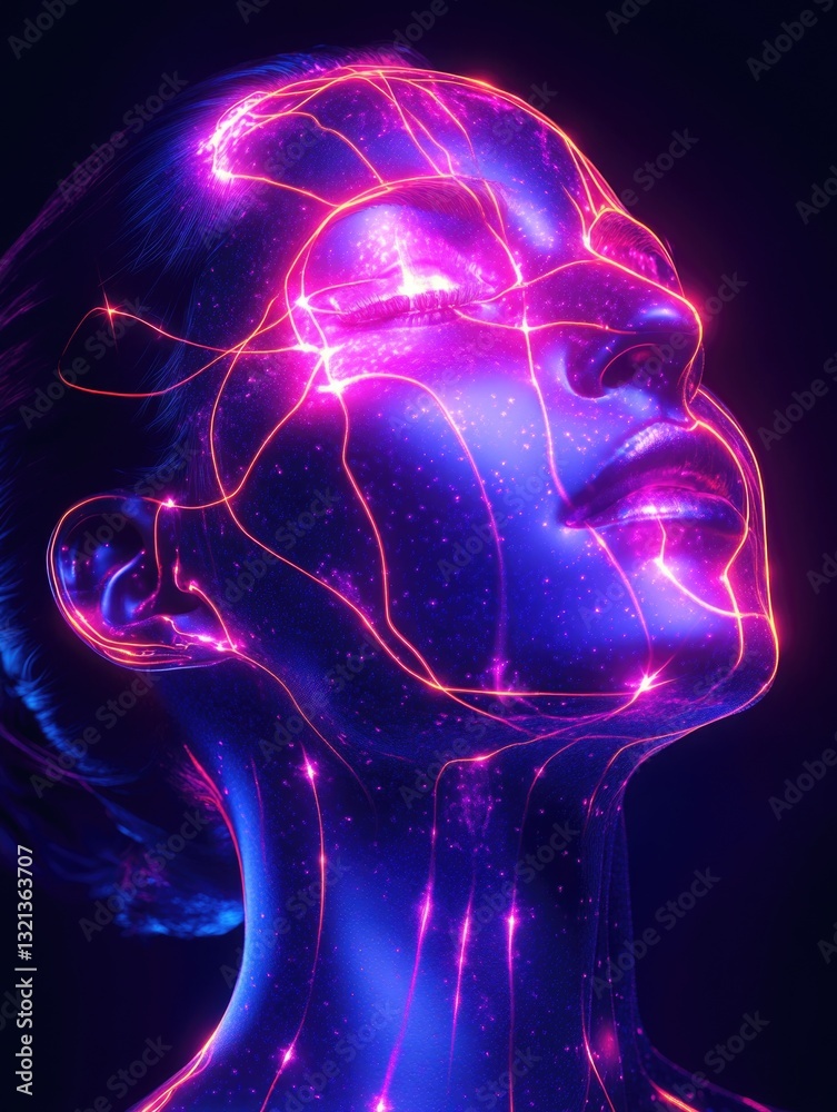 Poster a close-up image of a woman's face with glowing lines and marks