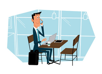 カフェでデジタル機器を使って仕事をするビジネスマン