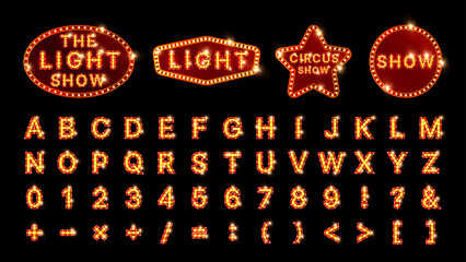 Retro Neon Marquee Billboard: Glowing Circle, Oval, and Star Shapes with Alphabet and Number Collection for Carnival, Casino, Broadway, and Nightlife Celebrations. Vector. © Jer