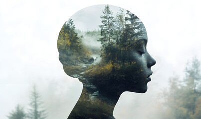 a woman's profile with a forest landscape overlay.