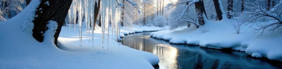 Forest stream with large icicles suspended from branches, ice, tree