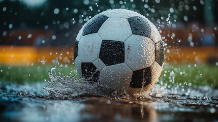 Naklejka premium Moment of Impact: Soccer Ball in Mid-Kick with Water Droplets, Embodying Dynamic Energy and Fluid Motion