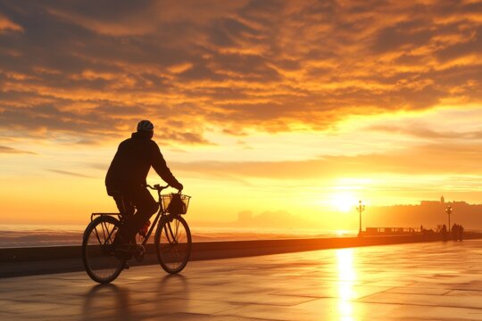 Bicyclist rides along the waterfront promenade at sunset near the beach in a tranquil evening setting