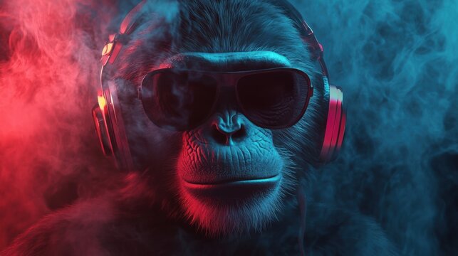 Cool monkey wearing sunglasses and headphones in vibrant smoke