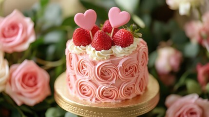 "Happy Valentine's Day concept: A beautiful pink frosted cake decorated with strawberries and pink heart-shaped cookies, surrounded by a bouquet of pink roses."