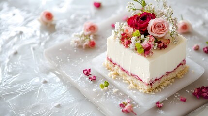 Beautiful white cake with pink flowers on top is displayed on a white plate. The cake is cut into a square shape and is placed on a white table. The pink flowers are scattered around the cake