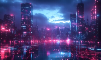 Fototapeta premium a futuristic cityscape with illuminated buildings at night.