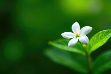Obraz premium Green foliage surrounding a single white jasmine in full bloom, stem, green