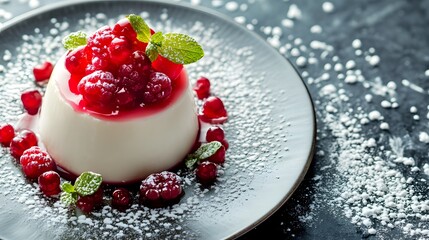 Dessert with a white base and a red topping. The dessert is topped with raspberries and mint