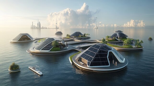 Sustainable living concept: a futuristic floating city powered by renewable energy