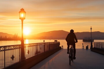 Fototapeta premium Biking along the waterfront during sunset over the mountains in a tranquil setting