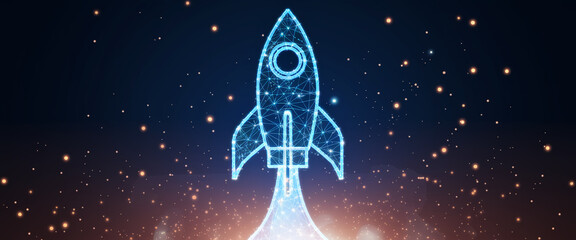Blue glowing rocket launching against dark starry background, symbolizes innovation, progress, and new beginnings, ideal for startup or technology concepts