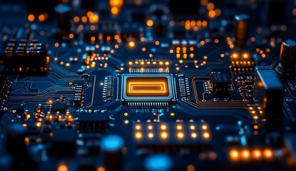 Obraz premium Lit processor on PCB showcases technology in circuitry, digital design concept