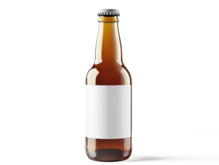 (MuA premium liquid bottle with white blank label for mock-up, deep beer reflections, high-end advertisement lighting, white backgroundltiple values)
