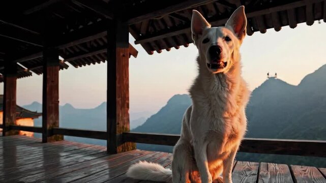 White dog resting on a wooden platform overlooking mountain scenery at sunset.

