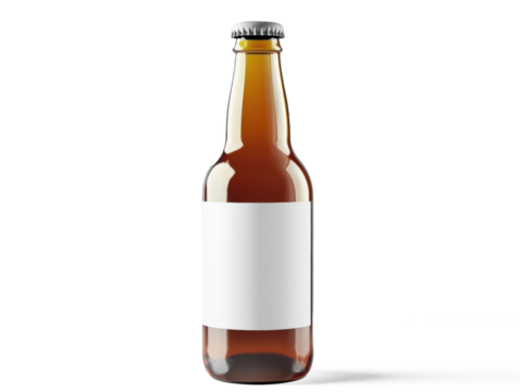 (MuA premium liquid bottle with white blank label for mock-up, deep beer reflections, high-end advertisement lighting, white backgroundltiple values)
