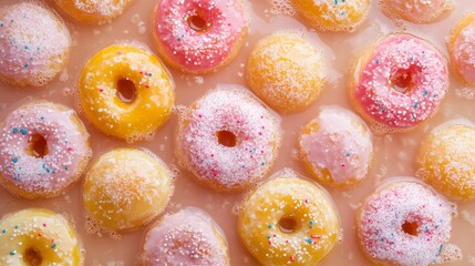 Row of donuts with sprinkles and icing are floating in a pool of liquid. The donuts are of different colors and sizes, creating a visually appealing and playful scene