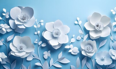 paper flowers on a blue background.