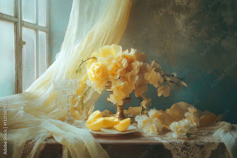 Poster A simple still life composition with a vase of yellow flowers and a window in the background