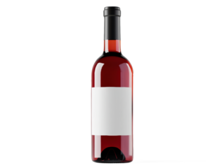 A premium wine bottle with white blank label for mock-up, deep red reflections, high-end advertisement lighting, white background.