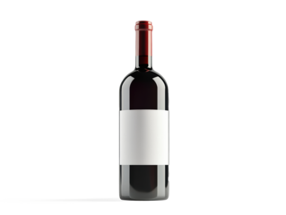 A premium wine bottle with white blank label for mock-up, deep red reflections, high-end advertisement lighting, white background.